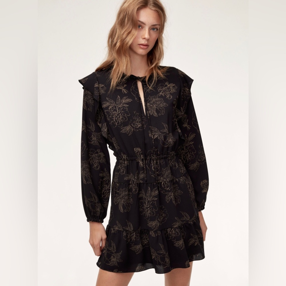 Wilfred Black Mini Dress with Gold Floral Print
